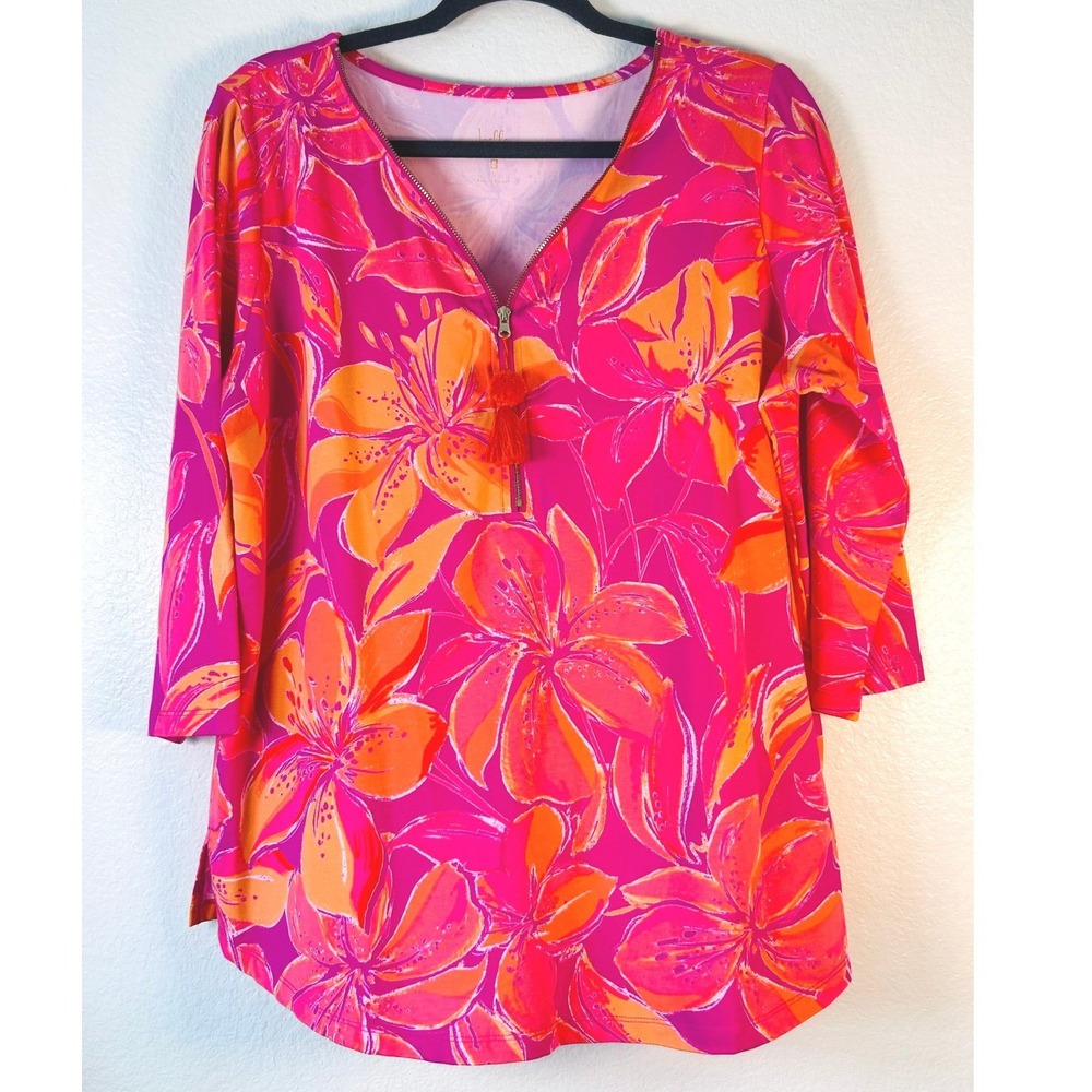Belle by Kim Gravel Pink Orange Floral Tassel Zip Tunic Top Travel Tropical SZ L